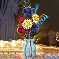 MJI 13067 Porcelain Inspired Flower Bouquet Building Blocks Set Blue White Vase with Roses