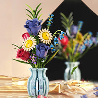 MJI 13067 Porcelain Inspired Flower Bouquet Building Blocks Set Blue White Vase with Roses